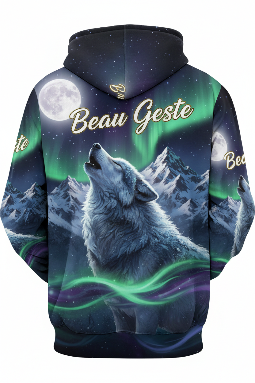 Full-back wolf howling hoodie design with Beau Geste