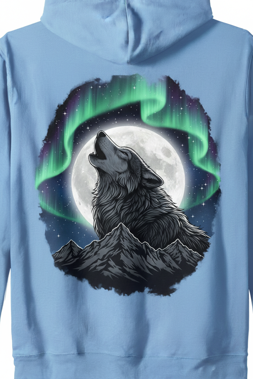 Wolf howling at moon with aurora borealis hoodie design