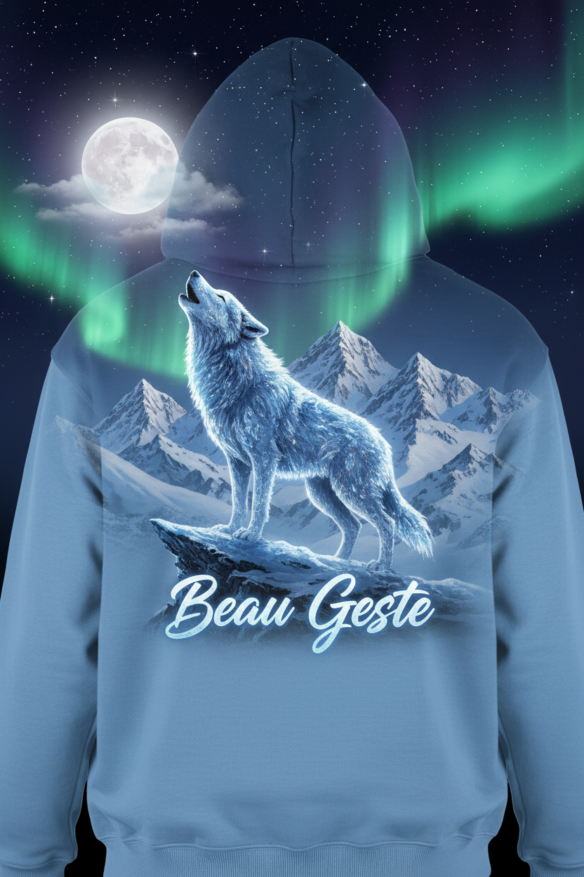 Wolf howling blended hoodie design with Beau Geste