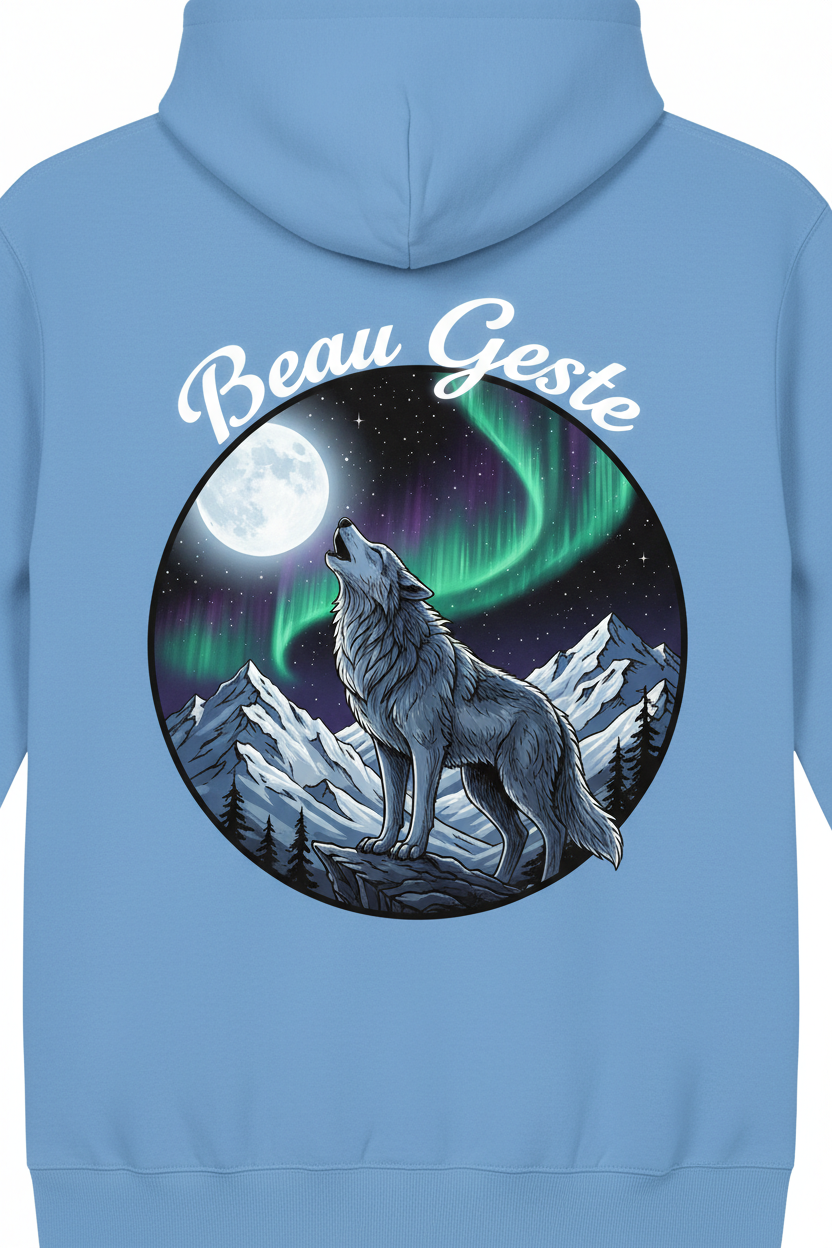 Wolf howling with Beau Geste text hoodie design