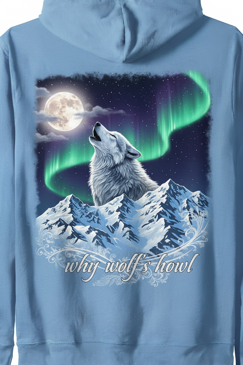 Wolf howling with snowy mountains and cursive text hoodie design